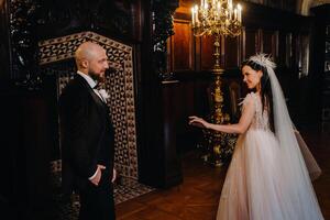 Elegant wedding couple in the interior of the old castle in the city of Nesvizh photo