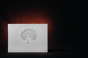 White book in genuine white leather on a dark embossed background . White paper on a dark background. photo