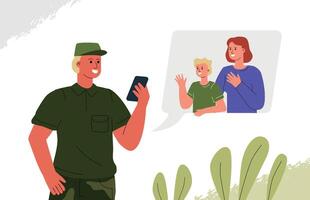 A soldier talks to his wife and child through a call. Online communication with family while serving in the army. vector