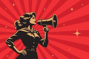 A woman in vintage clothes with a megaphone. Retro stylized image, a metaphor for propaganda. vector