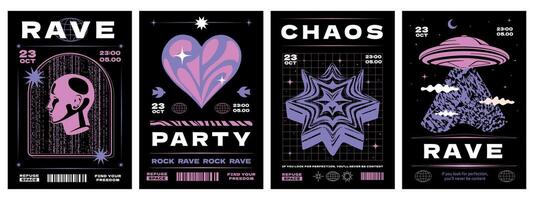A collection of posters in the style of y2k with a minimalistic futuristic design. A cover templates for a techno party with different minimalistic silhouettes. vector