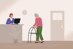 An elderly disabled woman on a walker communicates with the administrator at the reception in a nursing home vector