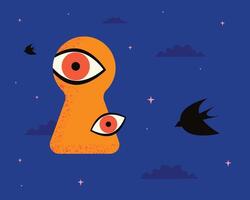 Eyes peeking out of the keyhole. Metaphor is the state of mind of the observer, the search for a solution, the inner position of feeling and awareness. vector