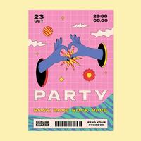 A bright bizzare poster in groovy aesthetics for the party. A design template with outlined hands folded in a heart gesture. vector