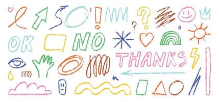 Bright doodles, inscriptions, various handwritten figures, arrows, strokes and scribbles in the style of pencil drawings. Colorful design elements. vector