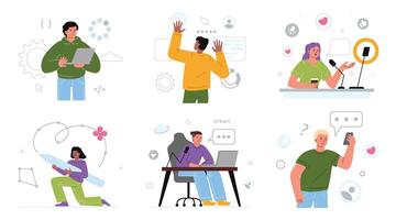 A set of different freelancers programmer, streamer, blogger, illustrator, influencer, interface designer. Young people working remotely. vector