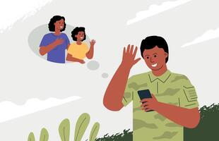 The soldier communicates with his wife and child via smartphone. The concept of online interaction when the partner is serving in the army. vector
