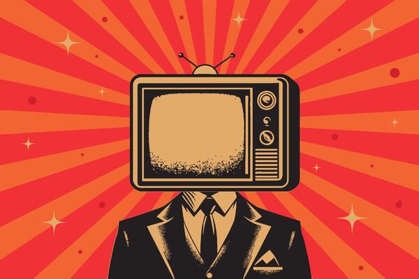 A man in a suit with a TV for a head. Stylized retro engraving illustration. A metaphor for fake and propaganda news.