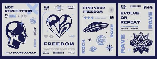 A collection of posters in the style of y2k with a minimalistic futuristic design. Cover templates with the aesthetics of creativity of the 70s. vector
