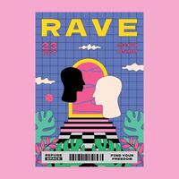 strange bright groovy poster in the aesthetics of the 70s for a rave party. A design template with contour profiles and an arch. vector