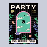 A vivid groovy poster in the aesthetics of the 70s for a musical party. A design template with outlined shapes and elements. vector