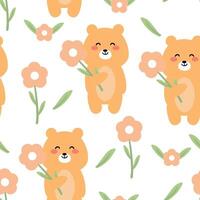 Seamless pattern with cute cartoon bears carrying flowers, for fabric prints, textiles, gift wrapping paper. children's flat and colorful style vector