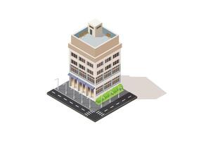illustration of a hotel building with a beautiful garden on the side of the road, isometric style Suitable for Diagrams, Game Asset, And Other asset vector