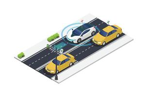 ISometric Driverless or self driving car at road. Futuristic autonomous vehicle remote sensing system. suitable for vehicle-related digital assets vector