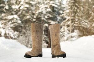 close up of felt boots standing in the snow photo