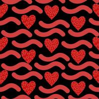 Red hearts seamless pattern with small hearts inside and horizontal wavy strokes, bright doodle valentines on a black background for design vector