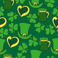 harp, hat and clover on seamless pattern, bright patricks day symbols on dark green background vector
