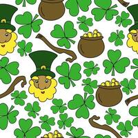 Seamless pattern with a leprechaun, a cauldron with coins and a staff, a symbol of good luck clover on a white background vector