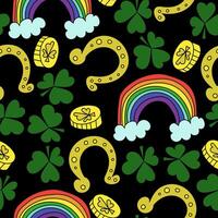 rainbow, horseshoe and coin with clover on seamless pattern, bright Patricks day symbols on black background vector