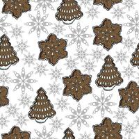 Festive Christmas gingerbread seamless pattern in the shape of a fir tree and snowflakes with white icing and gray ornate snowflakes, sweet festive pastries on a white background vector