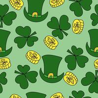 Seamless pattern for St. Patrick's Day, symbols of good luck clover, coin and leprechaun hat on a light green background, vector