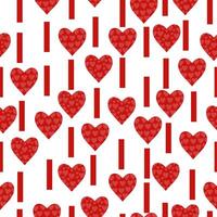 Seamless pattern of red hearts with small hearts inside and vertical rectangular strokes, bright doodle valentines on a white background illustration for design vector
