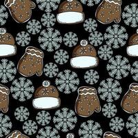 Seamless pattern of festive Christmas gingerbread cookies in the shape of a hat and mittens with white icing and light ornate snowflakes, sweet festive pastries on a black background vector