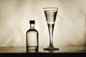 On the table are a bottle of alcohol and a full glass on a beautiful background photo
