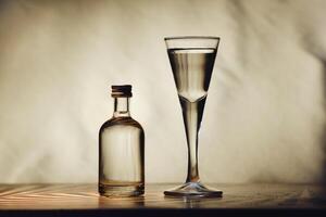different alcohol bottles are on the table on a light background photo