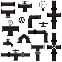 A set of pipelines with taps and water meters. Black stencil icon. Linear illustration. White background. Illustration of a water supply system. vector