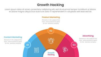 growth hacking infographic 3 point with half circle horizontal with circle badge for slide presentation vector