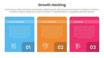 growth hacking infographic 3 point with box container table with badge number on bottom for slide presentation vector