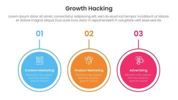 growth hacking infographic 3 point with big circle outline horizontal for slide presentation vector