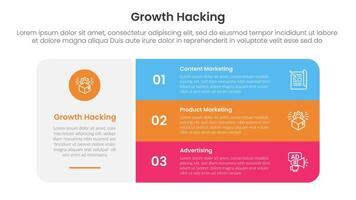 growth hacking infographic 3 point with big round rectangle box with stack list for slide presentation vector
