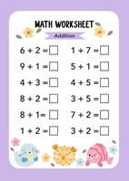 Math Worksheet educational how many activities for children. Learning addition, subtraction. Preschool printable worksheet activity, count and write the result. First grade worksheets. vector