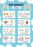 Math Worksheet educational how many activities for children. Learning addition, subtraction. Preschool printable worksheet activity, count and write the result. First grade worksheets. vector