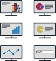 Various icons of different types of information on a monitor vector