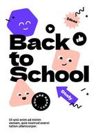 Back to school layout design with colorful cartoon characters and eye catching typography for your flyer, poster, cover, brochure or banner. Trendy promo labels. vector