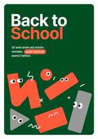 Back to school layout template. Design with colorful cartoon characters and typography for your flyer, poster, cover, brochure or banner. Trendy promo labels. vector