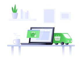 Concept of e-commerce. Online shopping and delivery concept. Laptop with delivery. vector