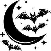 Spooky bats flying around a crescent moon with stars in night sky design vector