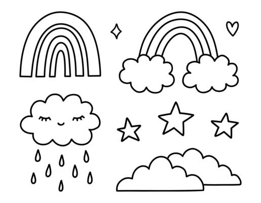 Cute set of weather elements - clouds, rainbow, stars. hand-drawn illustration in doodle style. Perfect for cards, decorations, logo, various designs.