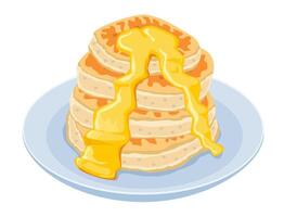 Stack of pancakes with maple syrup or honey. Breakfast food menu item tasty fluffy homestyle pancakes with butter plate vector