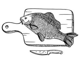 Ink sketch of fresh on a cutting board. Hand drawn illustration of fish isolated on white background. Retro style. Food preparation concept vector