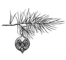 Old Christmas tree ball for vintage Xmas invitation design. Sketch. Christmas tree and decorations. Hand drawn sketch Merry Christmas and Happy New Year vector