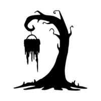 Silhouette of twisted tree with dripping hanging sign. Hand drawn graphic illustration. Simple black doodle shape. Natural element with object. Halloween composition suitable for dark, gothic themes vector
