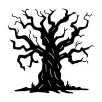 Silhouette of a gnarled tree with curved branches. Black outline illustration for Halloween. Hand drawn graphic clipart. Line sketch with a twisted trunk for a creepy decor. Simple Doodle style vector