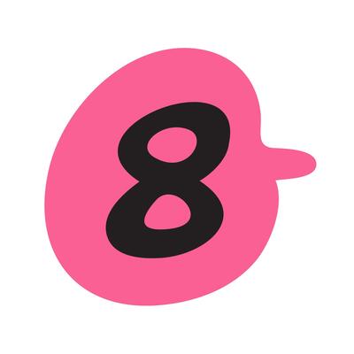 Number 8. Red speech bubble. Flat illustration on white background.
