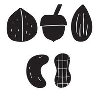 Set of nuts. Silhouettes. Hand drawn design. Black color. Illustration on white background. vector