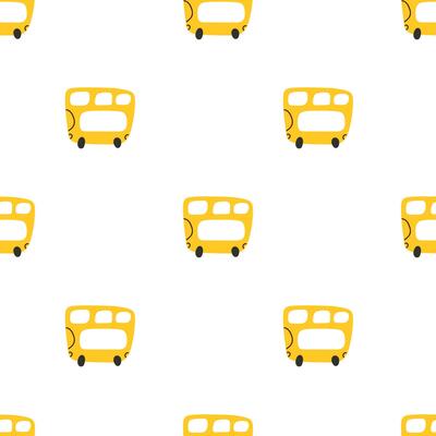 Childish seamless pattern. Yellow bus. Cute simple design. Hand drawn illustration on white background.